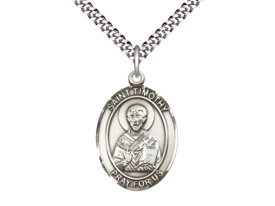 Large Bliss Sterling Silver St Timothy Pendant on a 24 inch Light Rhodium-plated Heavy Curb Chain,