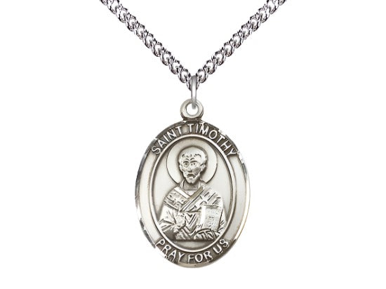 Bliss Large Sterling Silver St Timothy Pendant on a 24 inch Sterling Silver Heavy Curb Chain.