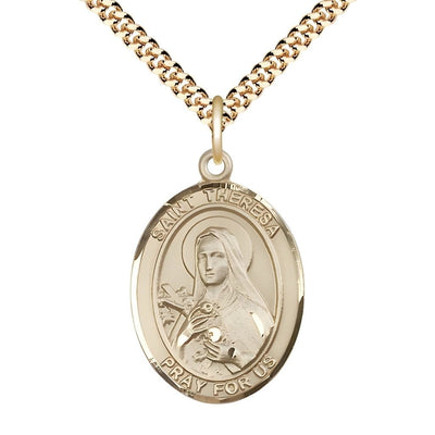 St. Theresa Gold-filled Oval Medal with Gold-plated Chain, Measures 1" tall x 3/4" wide, Bliss Manufacturing