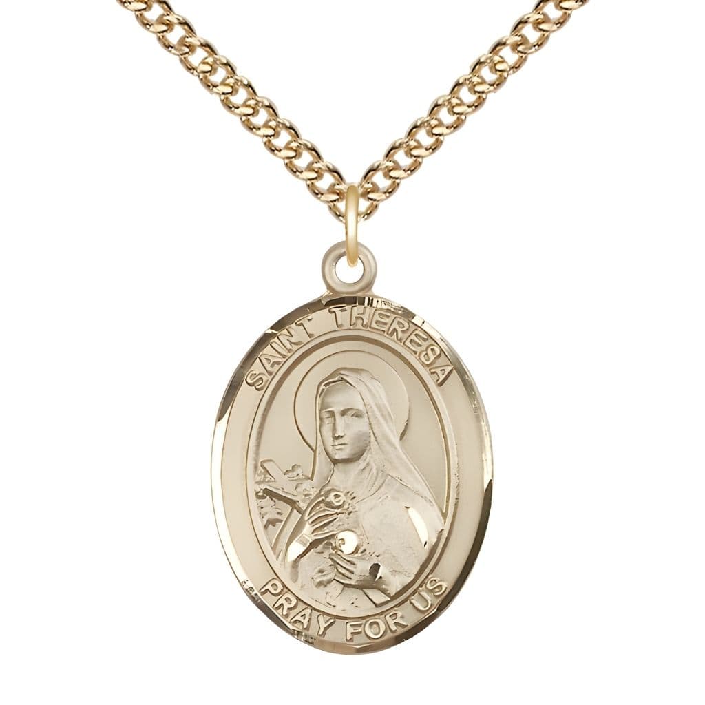 Bliss St. Theresa 14kt Gold Oval Medal Pendant with 14kt Gold Chain, Measures 1-inch tall by 3/4-inch wide.