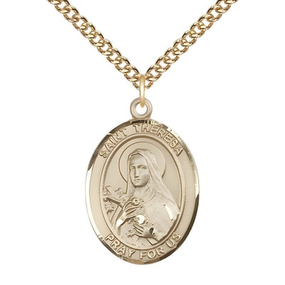 St. Theresa 14kt Gold Oval Medal Pendant with 14kt Gold Chain, Measures 1-inch tall by 3/4-inch wide, Bliss Manufacturing
