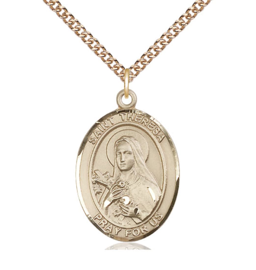 Large Bliss 14kt Gold St Theresa Pendant on a 24 inch 14kt Gold Heavy Curb Chain,