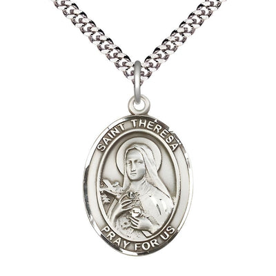 St. Theresa Sterling Silver Oval Medal with Rhodium-plated Chain, Measures 1" tall x 3/4" wide, Bliss Manufacturing