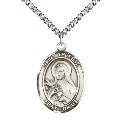 St. Theresa Sterling Silver Oval Medal with Sterling Silver Chain, Measures 1" tall x 3/4" wide, Bliss Manufacturing