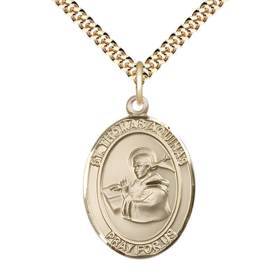 St. Thomas Aquinas 14kt Gold-filled Oval Medal Pendant with Gold-plated Chain, Measures 1-inch tall by 3/4-inch wide, Bliss Manufacturing