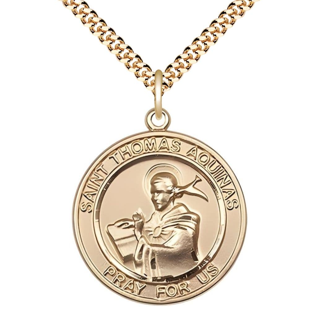 Bliss St. Thomas Aquinas 14kt Gold-filled Round Medal Pendant with Gold-plated Chain, Measures 1-inch tall by 7/8-inch wide.