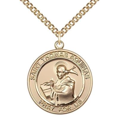 St. Thomas Aquinas 14kt Gold-filled Round Medal Pendant with Gold-filled Chain, Measures 1-inch tall by 7/8-inch wide, Bliss Manufacturing