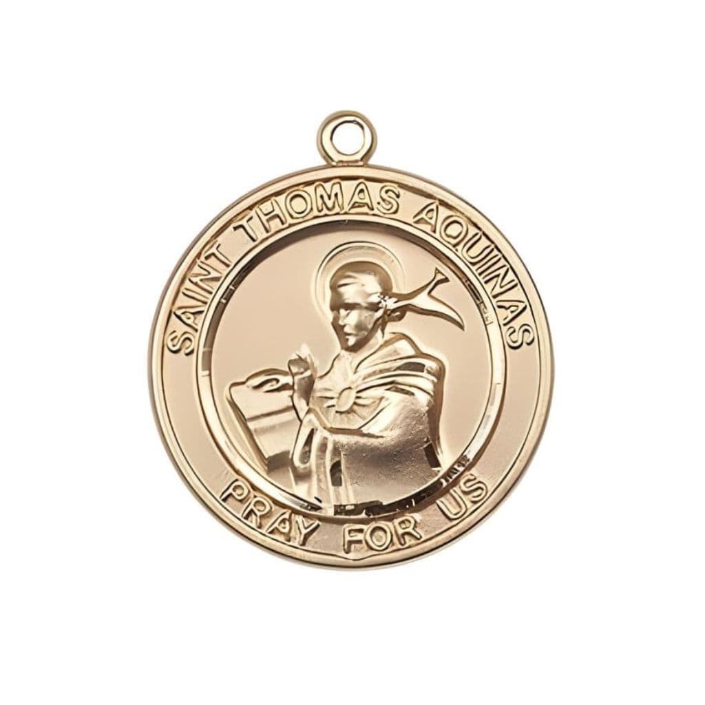 Bliss St. Thomas Aquinas 14kt Gold Round Medal Pendant, Measures 1-inch tall by 7/8-inch wide.