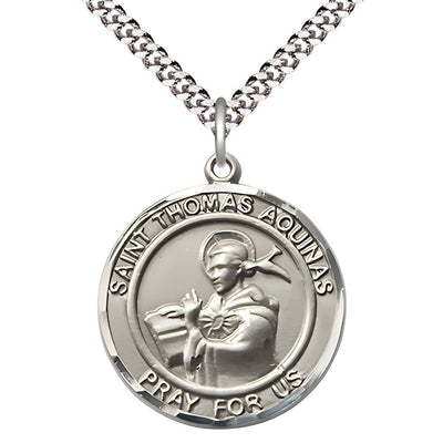St. Thomas Aquinas Pewter Round Medal Pendant with Rhodium-plated Chain, Measures 1-inch tall by 7/8-inch wide, Bliss Manufacturing