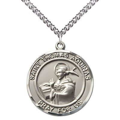 St. Thomas Aquinas Sterling Silver Round Medal Pendant with Sterling Chain, Measures 1-inch tall by 7/8-inch wide, Bliss Manufacturing
