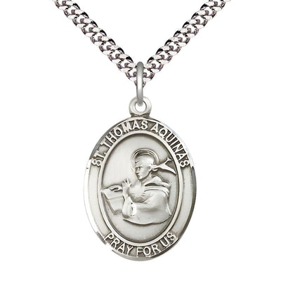 St. Thomas Aquinas Sterling Silver Oval Medal Pendant with Rhodium-plated Chain, Measures 1-inch tall by 3/4-inch wide, Bliss Manufacturing
