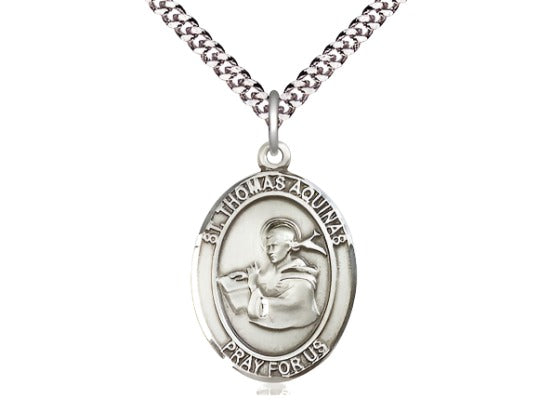 Large Bliss Sterling Silver St Thomas Aquinas Pendant on a 24 inch Light Rhodium Heavy Curb Chain,