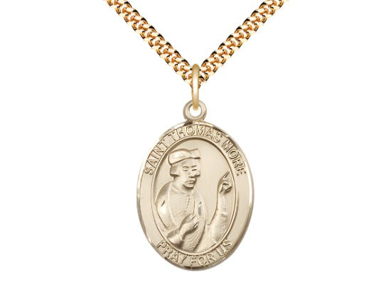 Large Bliss 14kt Gold Filled St Thomas More Pendant on a 24 inch Gold Plate Heavy Curb Chain,