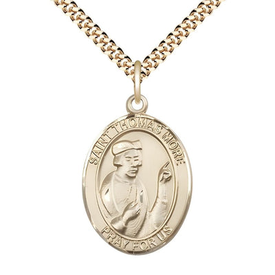 Large 14kt Gold Filled St Thomas More Pendant on a 24 inch Gold Plate Heavy Curb Chain, Bliss Manufacturing