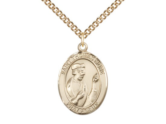 Bliss Large 14kt Gold Filled St Thomas More Pendant on a 24 inch Gold Filled Heavy Curb Chain,