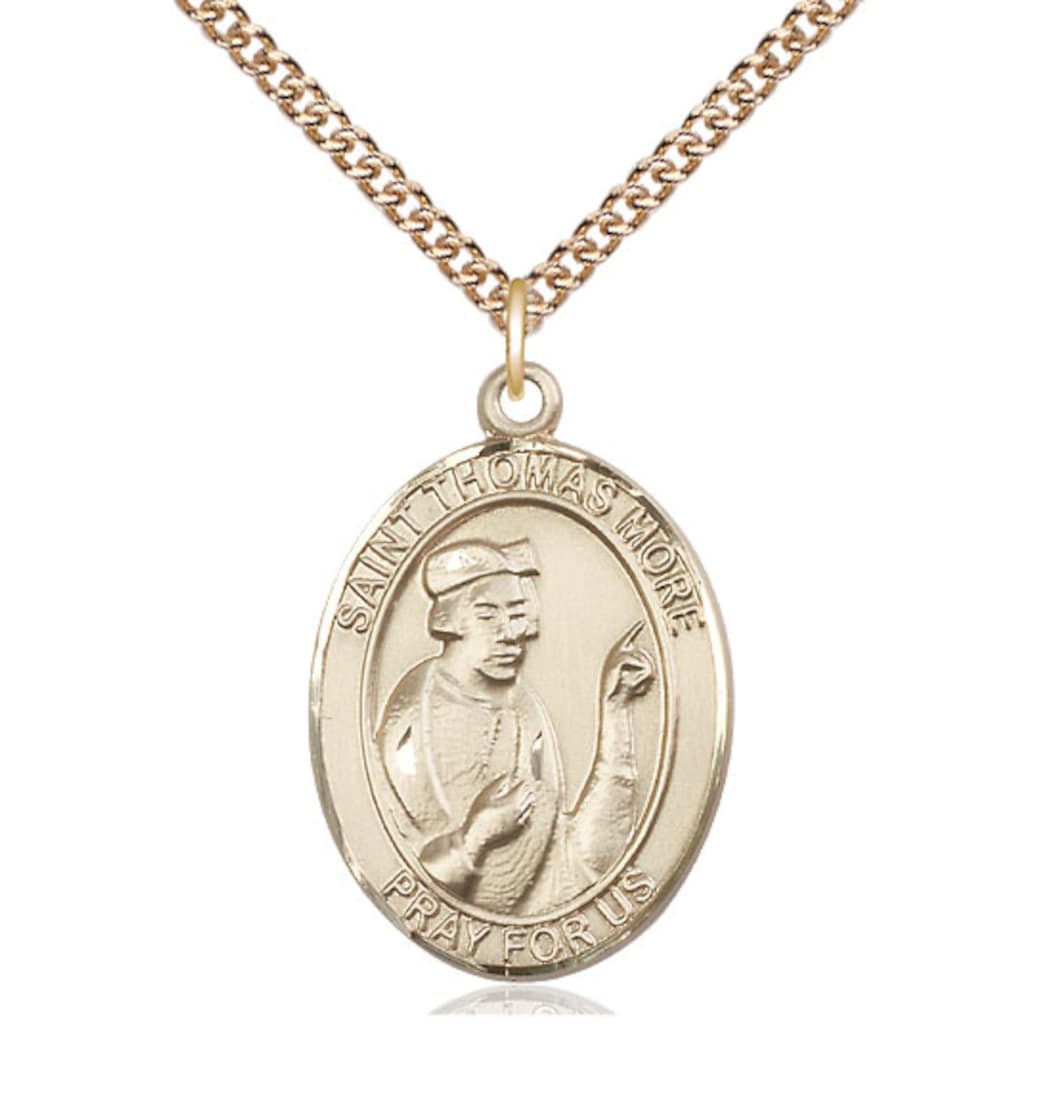 Bliss Large 14kt Gold St Thomas More Pendant on a 24 inch 14kt Gold Heavy Curb Chain,