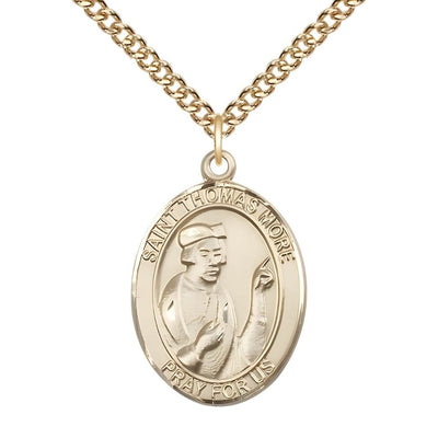 Large 14kt Gold St Thomas More Pendant on a 24 inch 14kt Gold Heavy Curb Chain, Bliss Manufacturing