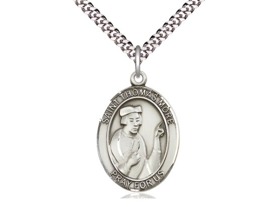 Large Bliss Pewter St Thomas More Pendant on a 24 inch Light Rhodium Heavy Curb Chain,