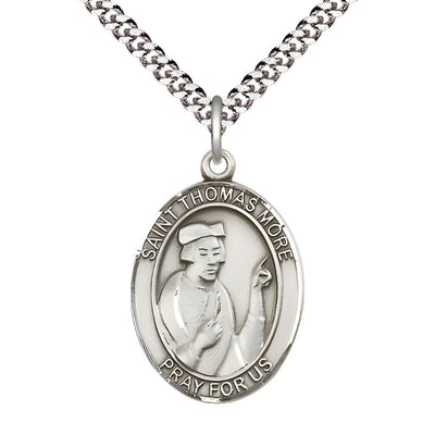 Large Sterling Silver St Thomas More Pendant on a 24 inch Light Rhodium Heavy Curb Chain, Bliss Manufacturing