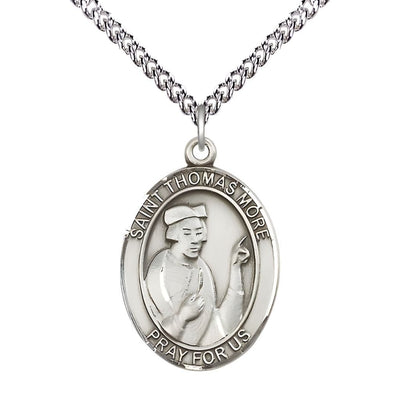 Large Sterling Silver St Thomas More Pendant on a 24 inch Sterling Silver Heavy Curb Chain, Bliss Manufacturing