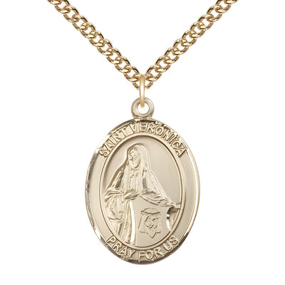 St. Veronica 14kt Gold Oval Medal Pendant with 14kt Gold Chain, Measures 1-inch tall by 3/4-inch wide, Bliss Manufacturing