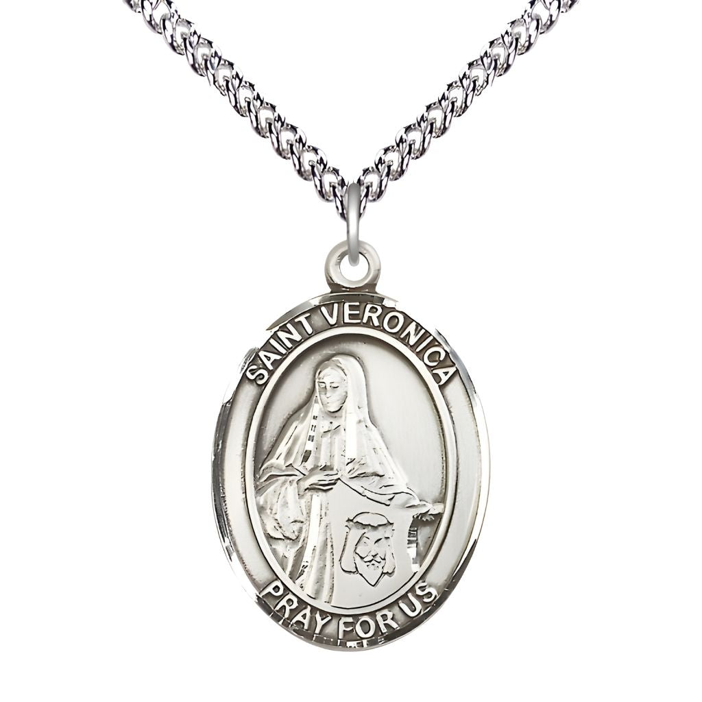 Bliss St. Veronica Sterling Silver Oval Medal Pendant with Sterling Chain, Measures 1-inch tall by 3/4-inch wide.