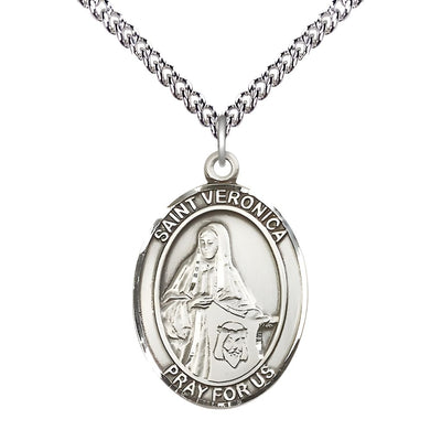 St. Veronica Sterling Silver Oval Medal Pendant with Sterling Chain, Measures 1-inch tall by 3/4-inch wide, Bliss Manufacturing