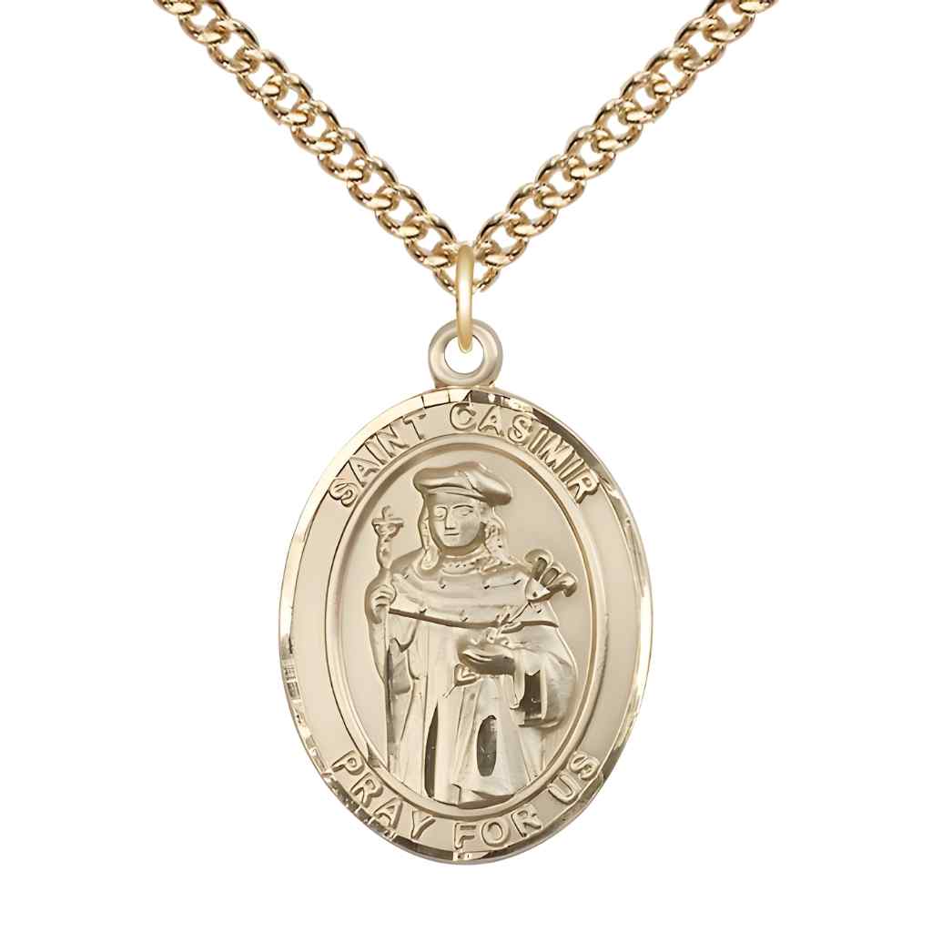 St Casimir of Poland 14kt Gold Large Engravable Oval Saint Medal Pendant with 14kt Gold Chain, Bliss Manufacturing