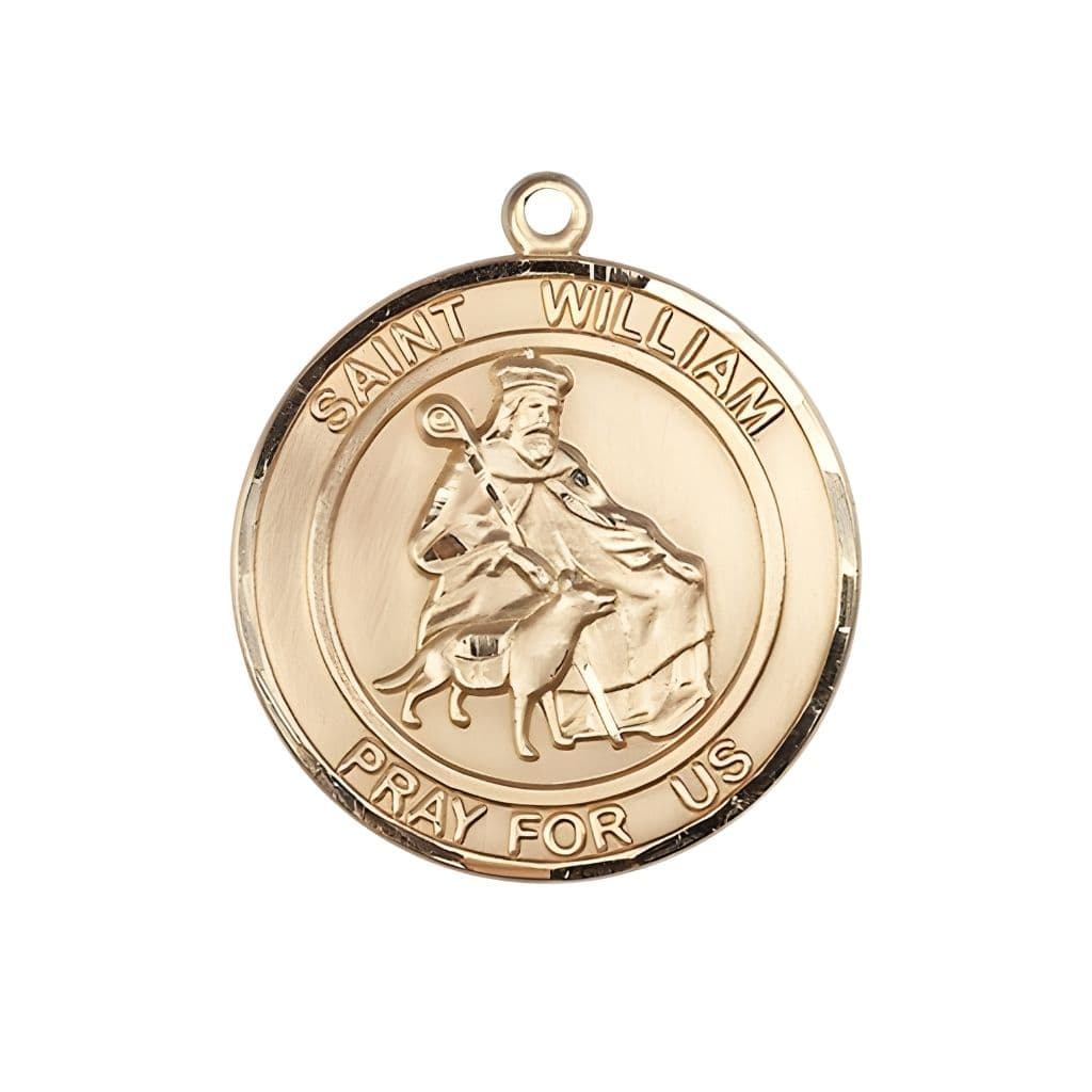 Bliss St. William of Rochester 14kt Gold Round Medal Pendant, Measures 1-inch tall by 7/8-inch wide.