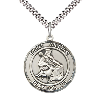 St. William of Rochester Sterling Silver Round Medal Pendant with Rhodium-plated Chain, Measures 1-inch tall by 7/8-inch wide, Bliss Manufacturing