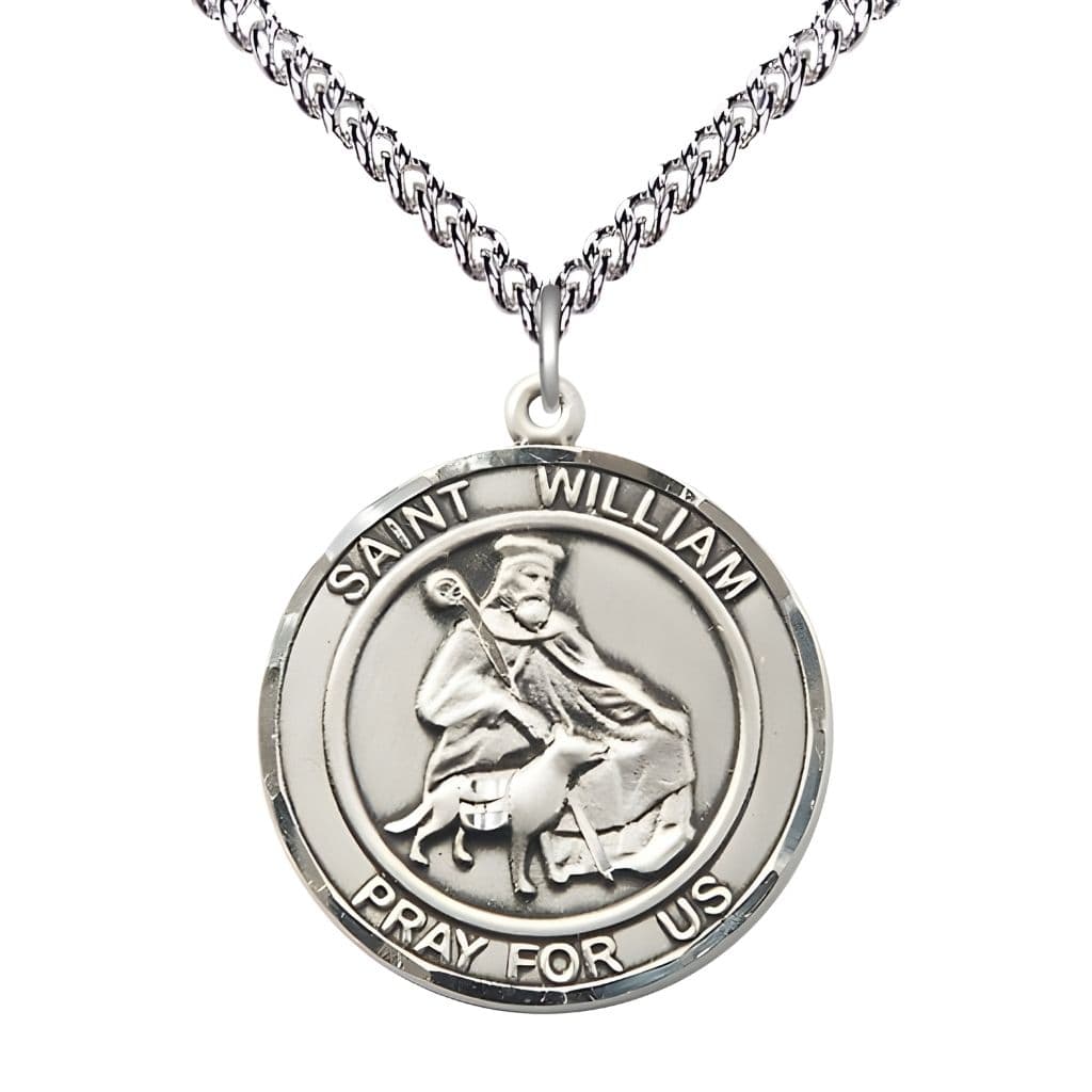 Bliss St. William of Rochester Sterling Silver Round Medal Pendant with Sterling Chain, Measures 1-inch tall by 7/8-inch wide.