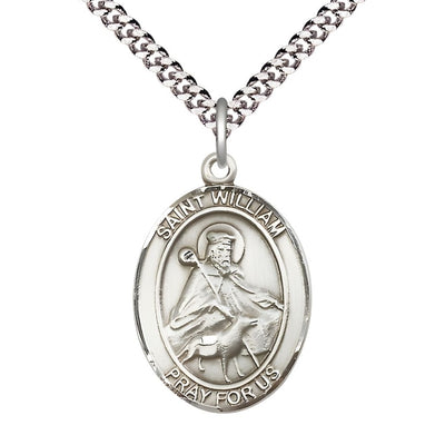 St. William of Rochester Sterling Silver Oval Medal Pendant with Rhodium-plated Chain, Measures 1-inch tall by 3/4-inch wide, Bliss Manufacturing