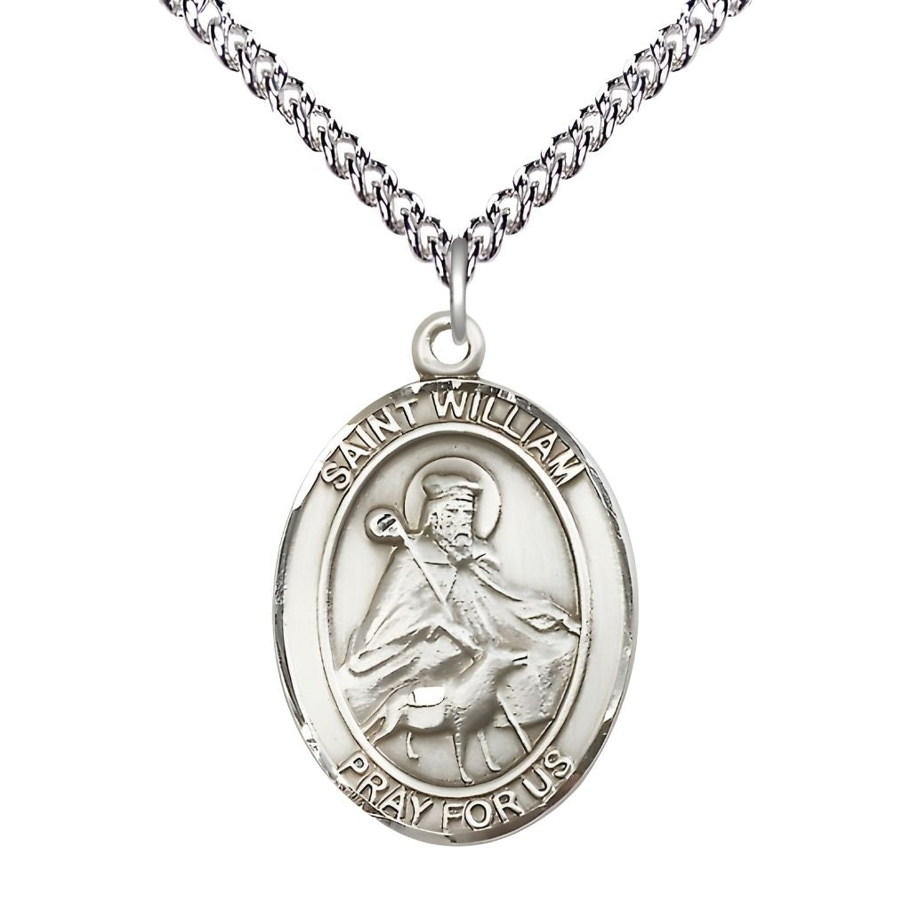 Bliss St. William of Rochester Sterling Silver Oval Medal Pendant with Sterling Chain, Measures 1-inch tall by 3/4-inch wide.