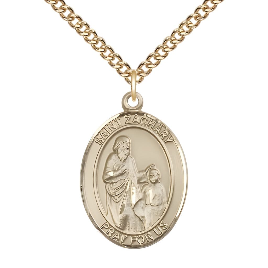 Bliss St Zachary 14kt Gold-filled Oval Medal Necklace with Gold-plated Chain, Measures 1-inch tall by 3/4-inch wide.