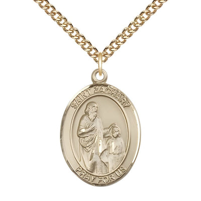 St. Zachary 14kt Gold Oval Medal Pendant with 14kt Gold Chain, Measures 1-inch tall by 3/4-inch wide, Bliss Manufacturing