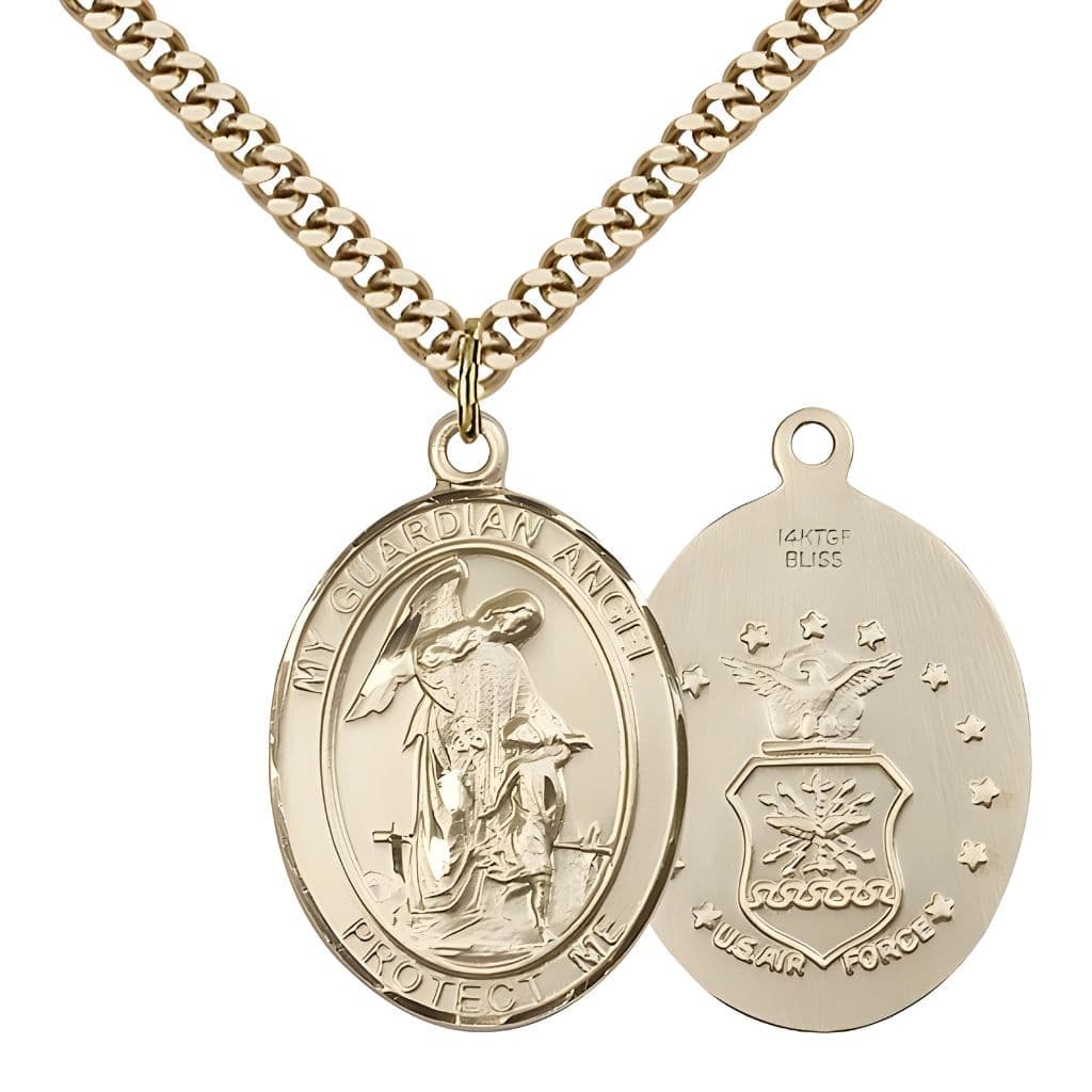 Bliss Air Force Guardian Angel 14kt Gold-filled Oval Medal Pendant with Gold-plated Chain, Measures 1-inch tall by 3/4-inch wide. Deluxe Gift Box.