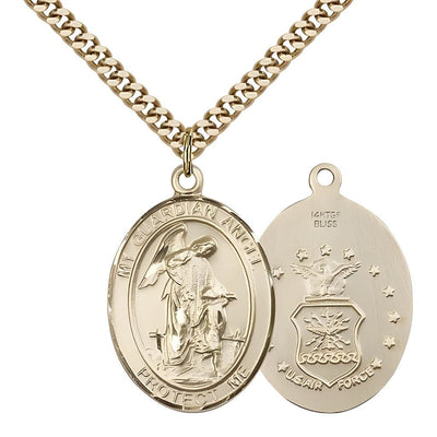 Air Force Guardian Angel 14kt Gold-filled Oval Medal Pendant with Gold-plated Chain, Measures 1-inch tall by 3/4-inch wide. Deluxe Gift Box, Bliss Manufacturing