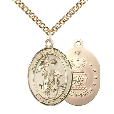 Air Force Guardian Angel 14kt Gold-filled Oval Medal Pendant with Gold-filled Chain, Measures 1-inch tall by 3/4-inch wide. Deluxe Gift Box, Bliss Manufacturing