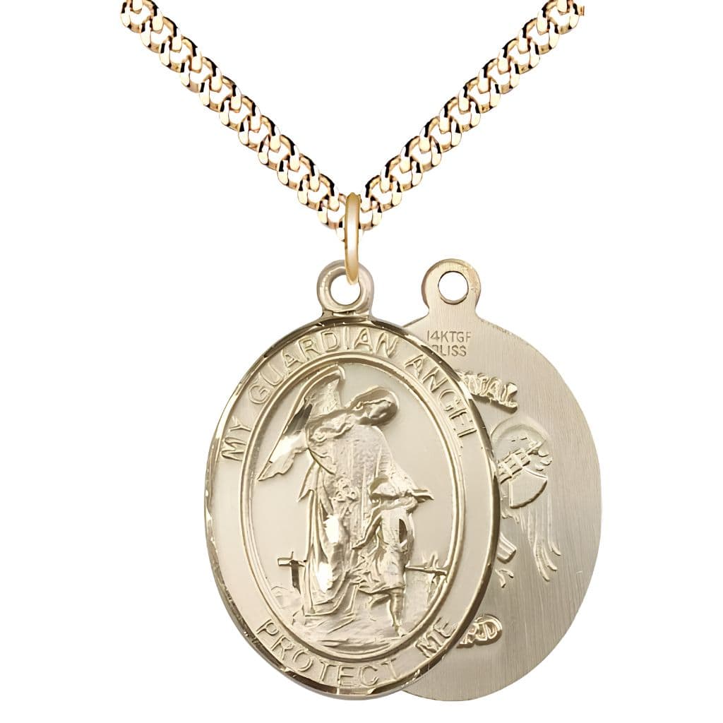 Bliss National Guard Guardian Angel 14kt Gold-filled Oval Medal Pendant with Gold-plated Chain, Measures 1-inch tall by 3/4-inch wide. Deluxe Gift Box.