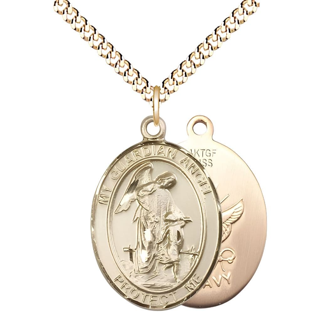 Bliss Navy Guardian Angel 14kt Gold-filled Oval Medal Pendant with Gold-plated Chain, Measures 1-inch tall by 3/4-inch wide. Deluxe Gift Box.