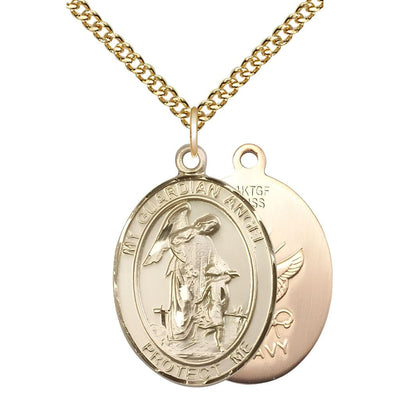 Navy Guardian Angel 14kt Gold-filled Oval Medal Pendant with Gold-filled Chain, Measures 1-inch tall by 3/4-inch wide. Deluxe Gift Box, Bliss Manufacturing