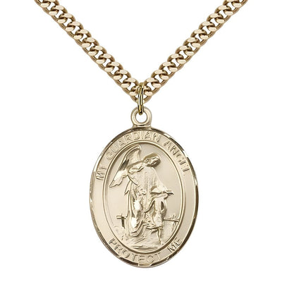 Guardian Angel with Child 14kt Gold-filled Oval Medal Pendant with Gold-plated Chain, Measures 1-inch tall by 3/4-inch wide. Deluxe Gift Box, Bliss Manufacturing