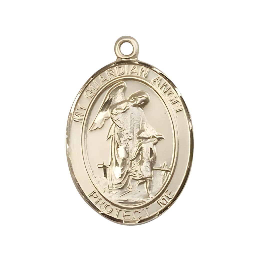 Bliss Guardian Angel with Child 14kt Gold Oval Medal Pendant, Measures 1-inch tall by 3/4-inch wide. Deluxe Gift Box.