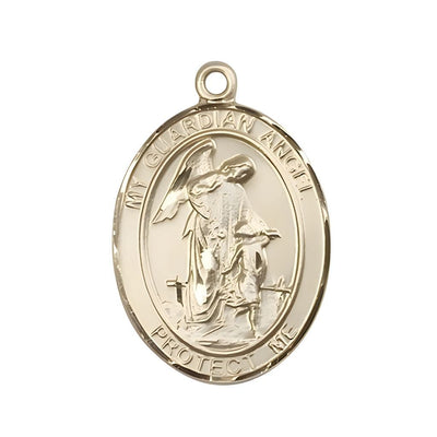 Guardian Angel with Child 14kt Gold Oval Medal Pendant, Measures 1-inch tall by 3/4-inch wide. Deluxe Gift Box, Bliss Manufacturing