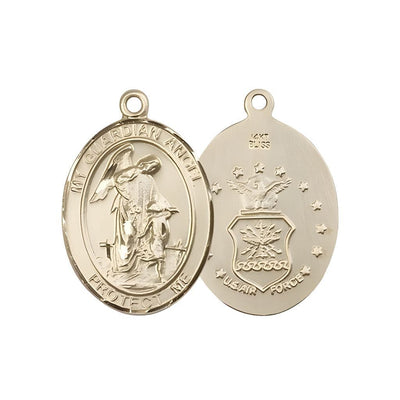 Air Force Guardian Angel 14kt Gold Oval Medal Pendant, Measures 1-inch tall by 3/4-inch wide. Deluxe Gift Box, Bliss Manufacturing