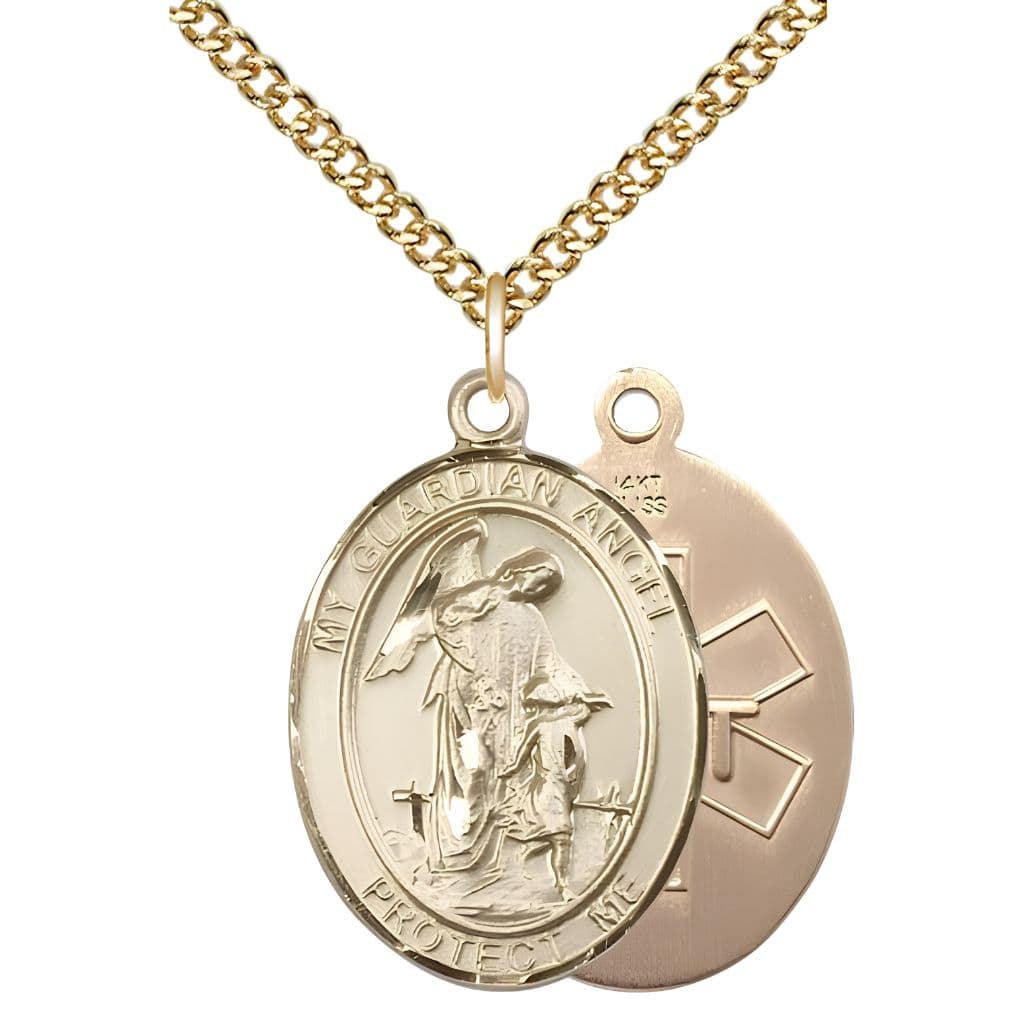 Bliss EMT Guardian Angel 14kt Gold Oval Medal Pendant with 14kt Gold Chain, Measures 1-inch tall by 3/4-inch wide. Deluxe Gift Box.