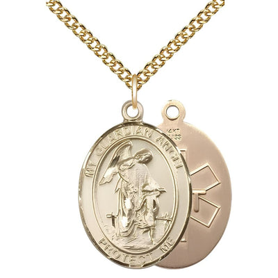 EMT Guardian Angel 14kt Gold Oval Medal Pendant with 14kt Gold Chain, Measures 1-inch tall by 3/4-inch wide. Deluxe Gift Box, Bliss Manufacturing
