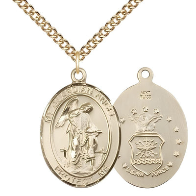 Air Force Guardian Angel 14kt Gold Oval Medal Pendant with 14kt Gold Chain, Measures 1-inch tall by 3/4-inch wide. Deluxe Gift Box, Bliss Manufacturing
