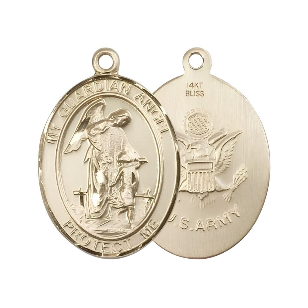 Bliss Army Guardian Angel 14kt Gold Oval Medal Pendant, Measures 1-inch tall by 3/4-inch wide. Deluxe Gift Box.
