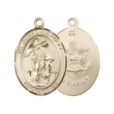 Army Guardian Angel 14kt Gold Oval Medal Pendant, Measures 1-inch tall by 3/4-inch wide. Deluxe Gift Box, Bliss Manufacturing